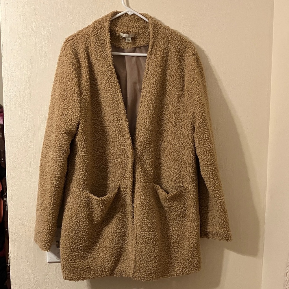Tan Fuzzy Fleece Sherpa Style Long Jacket or Coat w/ Open Front Cardigan Pockets - Picture 2 of 6